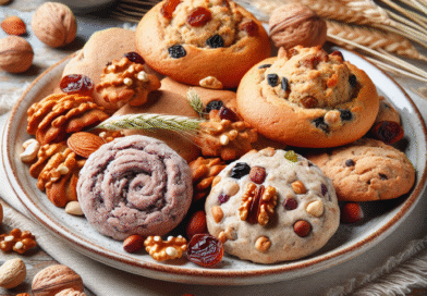 Nærbilde av et fat med hjemmelagde sunne kjeks og grove boller, lyse naturlige farger, garnityr av nøtter og tørkede bær, rustikk bakgrunn