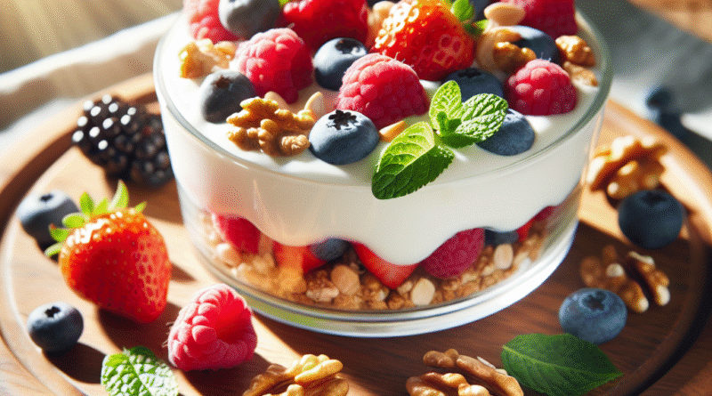 Sunn dessert med friske bær, yoghurt og nøtter på treplate, naturlig lys, moderne og innbydende, fokus på helse og velvære