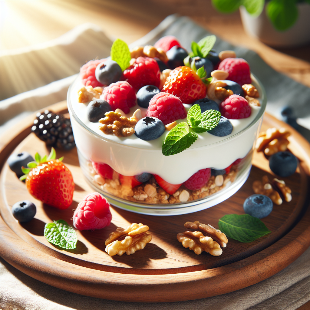 Sunn dessert med friske bær, yoghurt og nøtter på treplate, naturlig lys, moderne og innbydende, fokus på helse og velvære