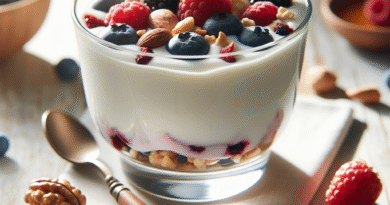 Nærbilde av en frisk, sunn dessert: yoghurt med bær, nøtter og litt honning på en lys trebordplate, naturlig dagslys