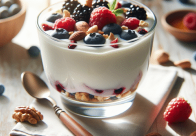 Nærbilde av en frisk, sunn dessert: yoghurt med bær, nøtter og litt honning på en lys trebordplate, naturlig dagslys