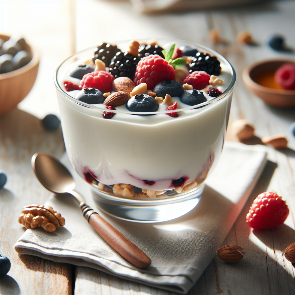 Nærbilde av en frisk, sunn dessert: yoghurt med bær, nøtter og litt honning på en lys trebordplate, naturlig dagslys