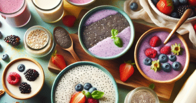 Fargerik flatlay av sunne flytende alternativer: smoothies, kremet suppe i skål, chiapudding i glass, friske bær og hjemmelaget havremelk i flaske, lyst naturlig lys