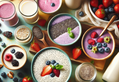 Fargerik flatlay av sunne flytende alternativer: smoothies, kremet suppe i skål, chiapudding i glass, friske bær og hjemmelaget havremelk i flaske, lyst naturlig lys