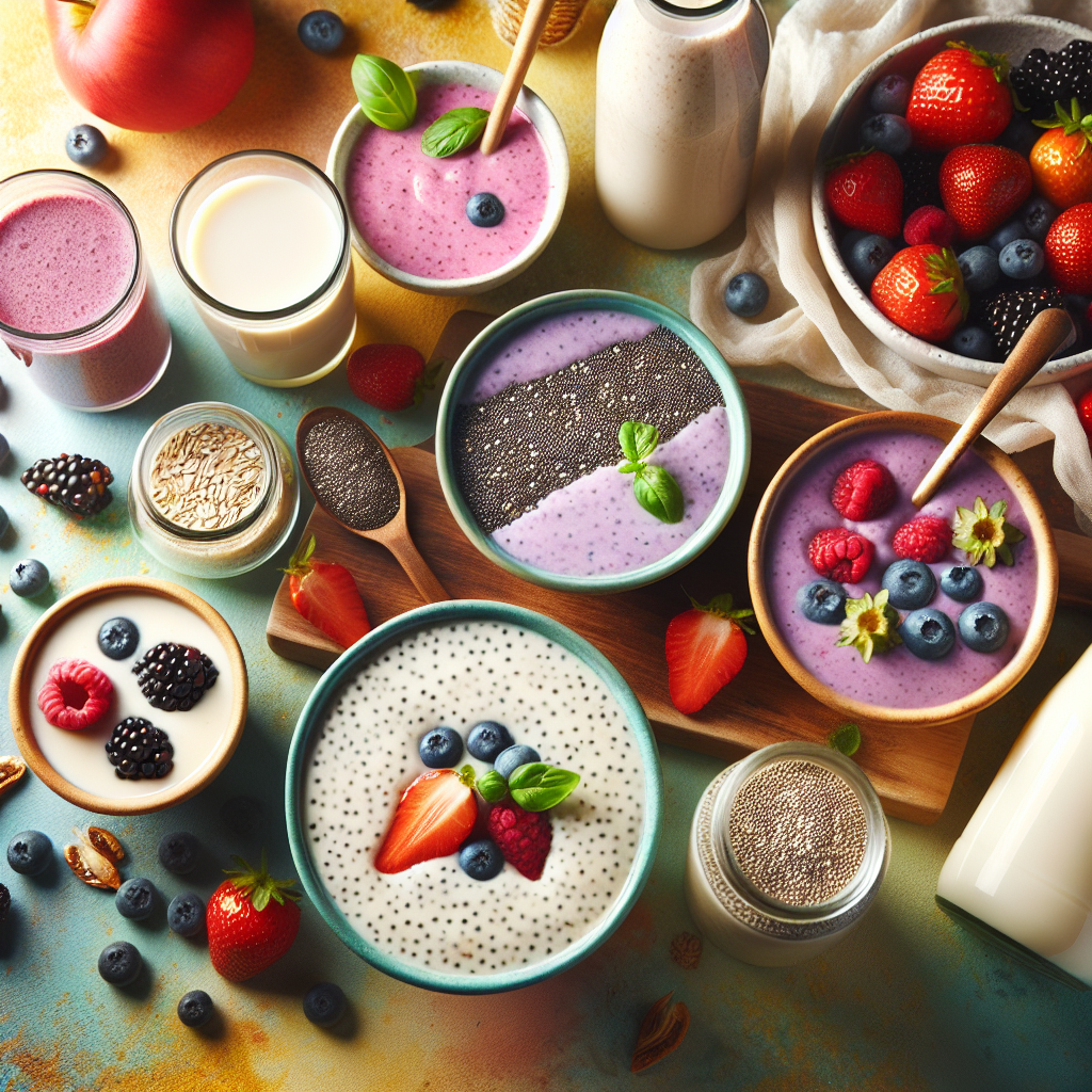 Fargerik flatlay av sunne flytende alternativer: smoothies, kremet suppe i skål, chiapudding i glass, friske bær og hjemmelaget havremelk i flaske, lyst naturlig lys