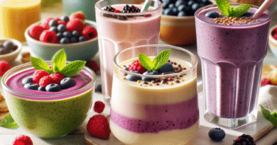 Fargerik, næringsrik smoothie, kremet pudding og en varm suppe servert i moderne glass og skåler på et lyst trebord, naturlig lys, friske bær og urter rundt