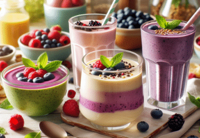 Fargerik, næringsrik smoothie, kremet pudding og en varm suppe servert i moderne glass og skåler på et lyst trebord, naturlig lys, friske bær og urter rundt