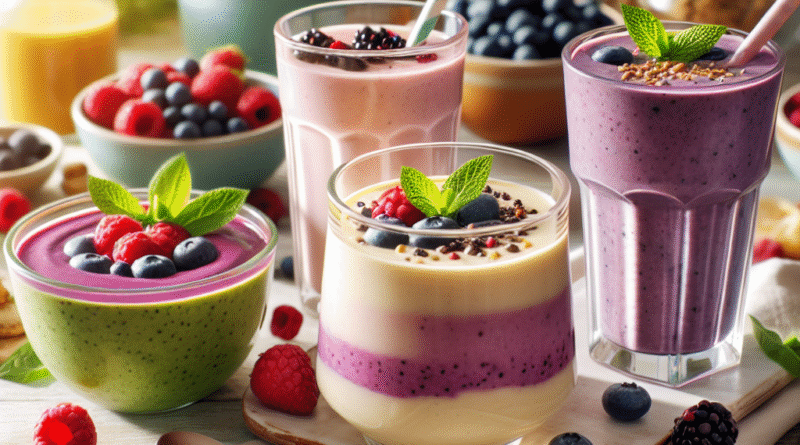 Fargerik, næringsrik smoothie, kremet pudding og en varm suppe servert i moderne glass og skåler på et lyst trebord, naturlig lys, friske bær og urter rundt