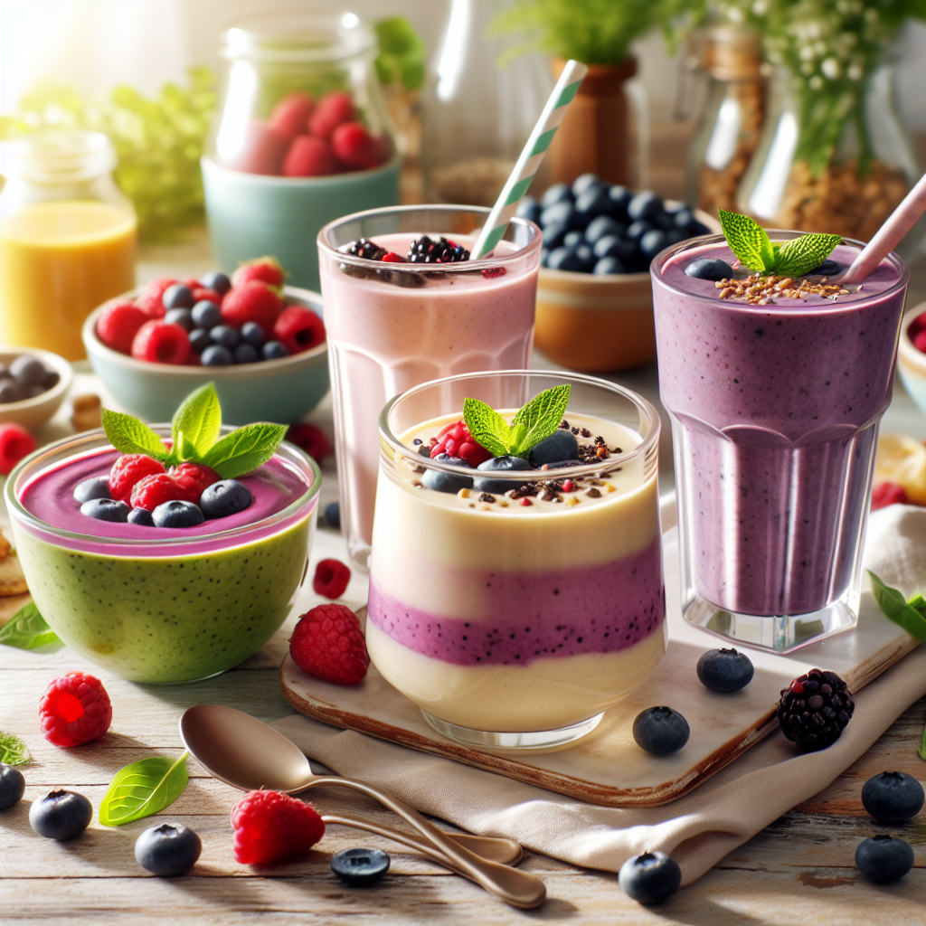 Fargerik, næringsrik smoothie, kremet pudding og en varm suppe servert i moderne glass og skåler på et lyst trebord, naturlig lys, friske bær og urter rundt