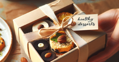 Et vakkert, lite gaveeske med hjemmelagde sunne desserter, resirkulert papir, naturlige bånd og en håndskrevet etikett, lyse, varme toner