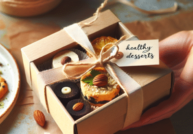 Et vakkert, lite gaveeske med hjemmelagde sunne desserter, resirkulert papir, naturlige bånd og en håndskrevet etikett, lyse, varme toner