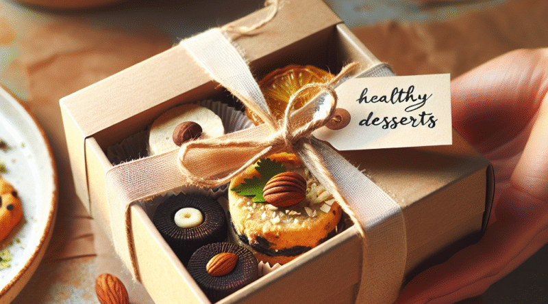 Et vakkert, lite gaveeske med hjemmelagde sunne desserter, resirkulert papir, naturlige bånd og en håndskrevet etikett, lyse, varme toner