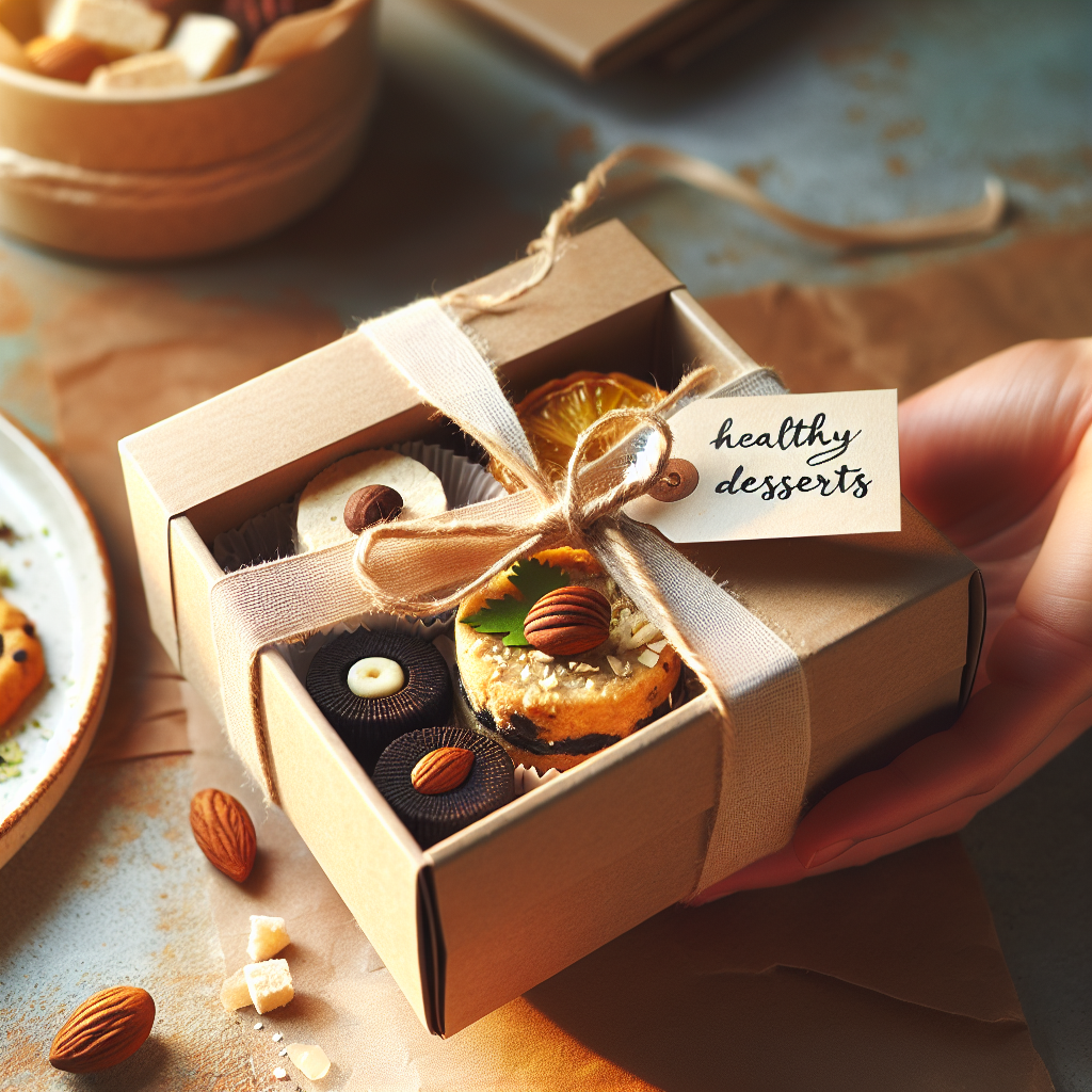 Et vakkert, lite gaveeske med hjemmelagde sunne desserter, resirkulert papir, naturlige bånd og en håndskrevet etikett, lyse, varme toner
