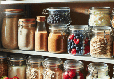 Nærbilde av et ryddig pantry med havre, nøttesmør, friske og frosne bær, krydder og cottage cheese i små glass, naturlig lys