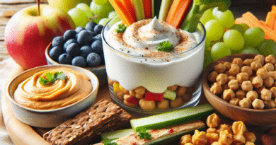 Fargerikt utvalg av sunne snacks på et trebrett: yoghurtparfait, hummus med grønnsaksstaver, ovnsristede kikerter, tørkede epler og nøttebarer, naturlig lys, frisk stil