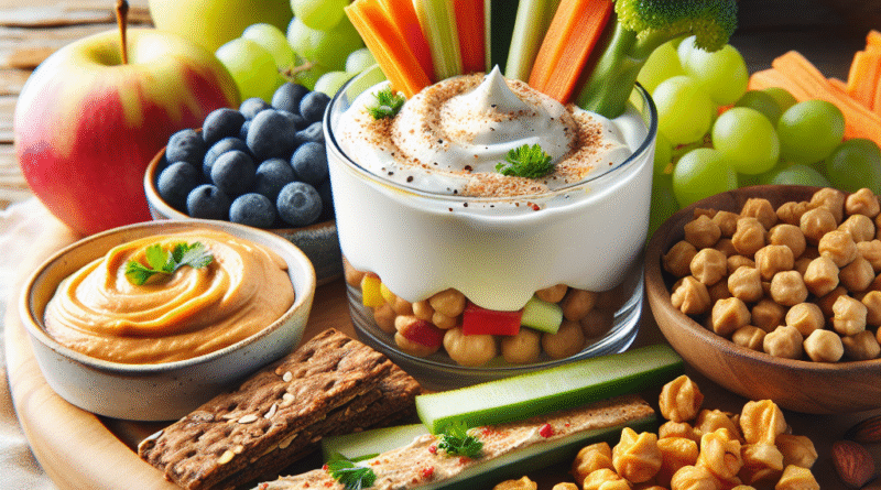 Fargerikt utvalg av sunne snacks på et trebrett: yoghurtparfait, hummus med grønnsaksstaver, ovnsristede kikerter, tørkede epler og nøttebarer, naturlig lys, frisk stil