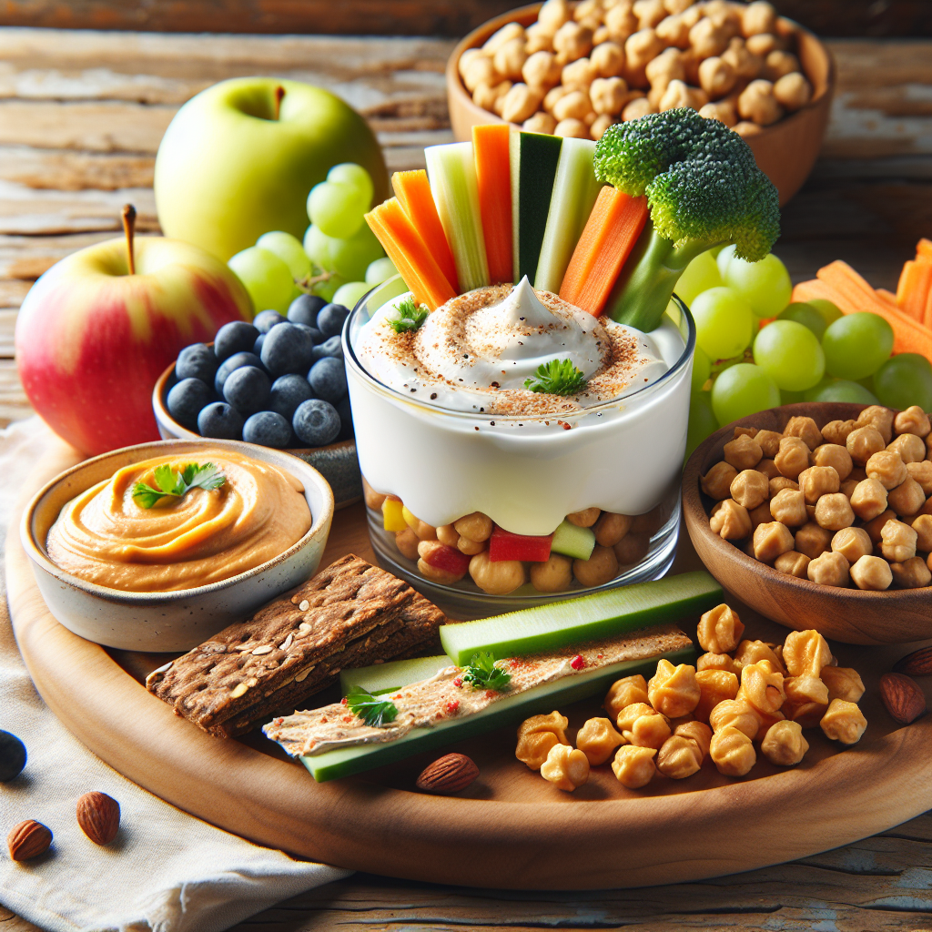 Fargerikt utvalg av sunne snacks på et trebrett: yoghurtparfait, hummus med grønnsaksstaver, ovnsristede kikerter, tørkede epler og nøttebarer, naturlig lys, frisk stil