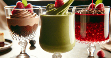Nærbilde av flere elegante glass med flytende desserter: grønn smoothie, sjokolademousse og rubinrød bringebærgelé med friske bær, naturlig lys, stilrent bord