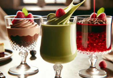 Nærbilde av flere elegante glass med flytende desserter: grønn smoothie, sjokolademousse og rubinrød bringebærgelé med friske bær, naturlig lys, stilrent bord