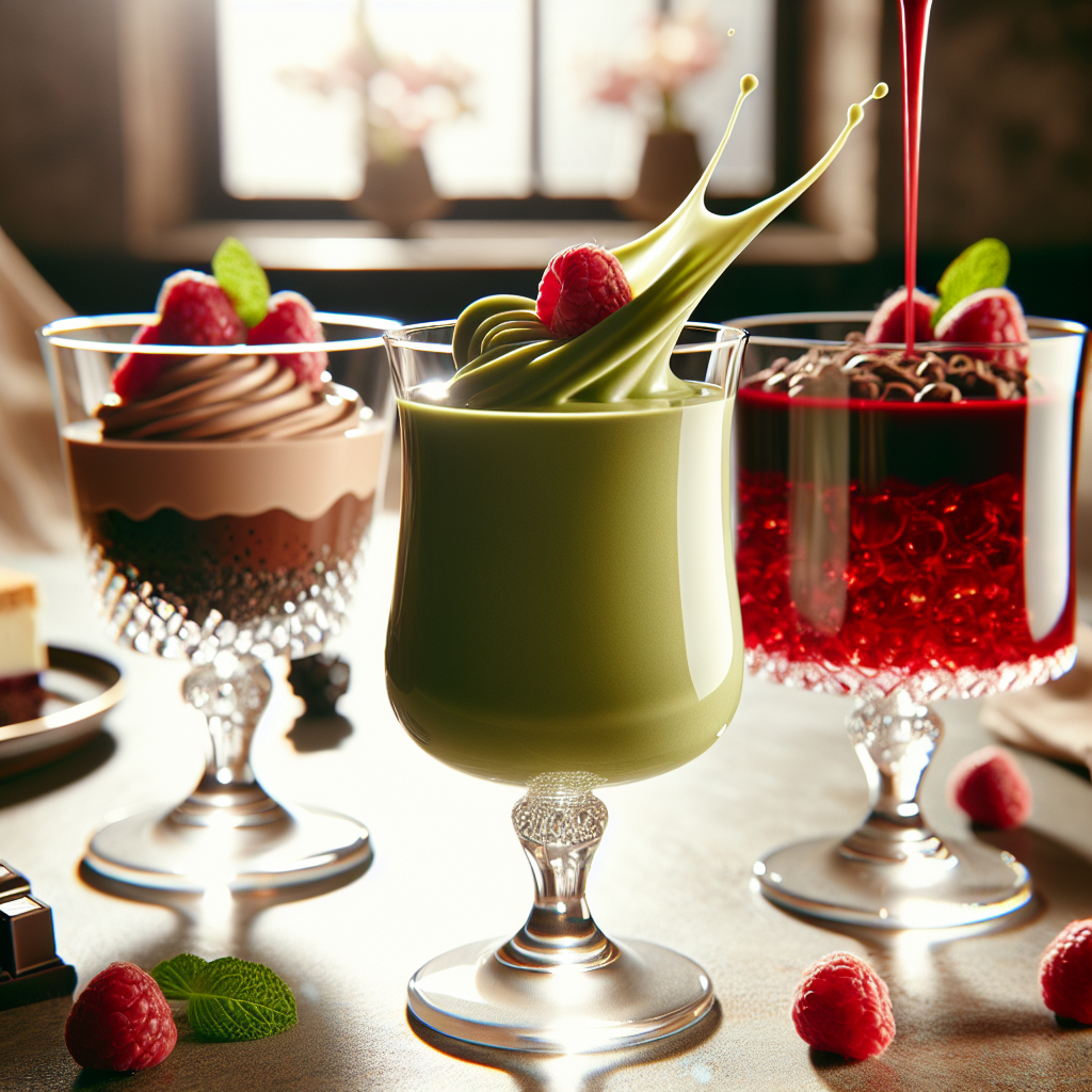 Nærbilde av flere elegante glass med flytende desserter: grønn smoothie, sjokolademousse og rubinrød bringebærgelé med friske bær, naturlig lys, stilrent bord