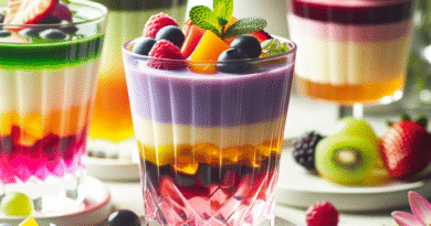 Nærbilde av fargerike flytende desserter i glass: lagdelte puddinger, smoothies og geléer med frisk frukt og urter, naturlig lys, moderne servering