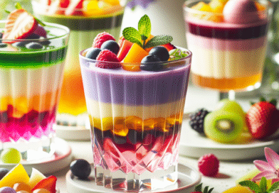 Nærbilde av fargerike flytende desserter i glass: lagdelte puddinger, smoothies og geléer med frisk frukt og urter, naturlig lys, moderne servering