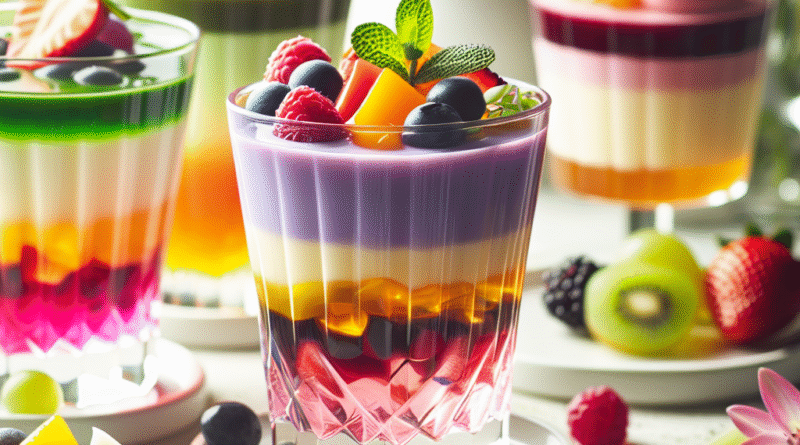 Nærbilde av fargerike flytende desserter i glass: lagdelte puddinger, smoothies og geléer med frisk frukt og urter, naturlig lys, moderne servering