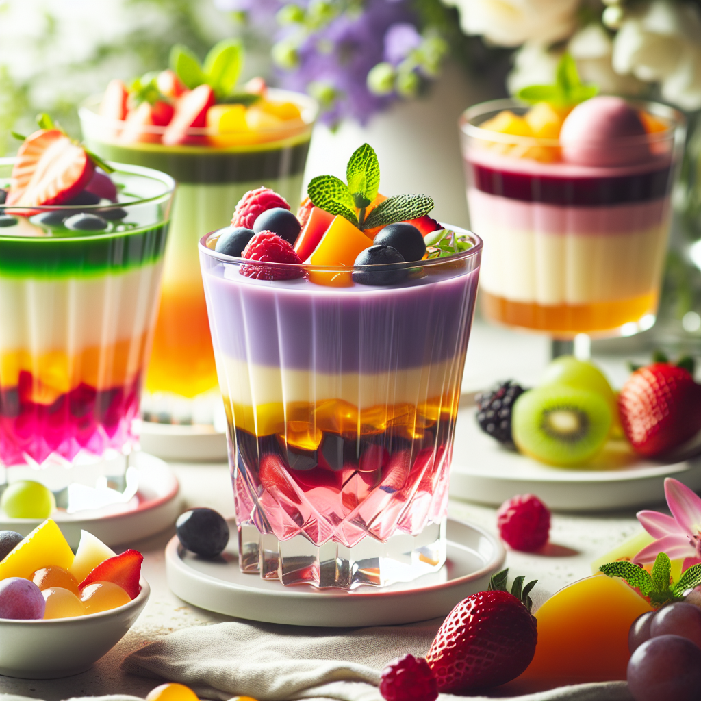 Nærbilde av fargerike flytende desserter i glass: lagdelte puddinger, smoothies og geléer med frisk frukt og urter, naturlig lys, moderne servering