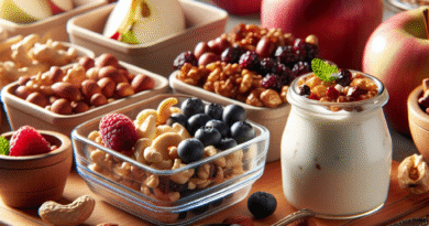 Nærbilde av et fristende snacksbord med nøtter, tørkede bær, friske epleskiver, yoghurt i glass og små porsjonsbokser, lyst naturlig lys, moderne estetikk