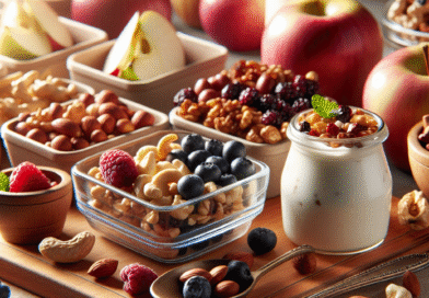 Nærbilde av et fristende snacksbord med nøtter, tørkede bær, friske epleskiver, yoghurt i glass og små porsjonsbokser, lyst naturlig lys, moderne estetikk