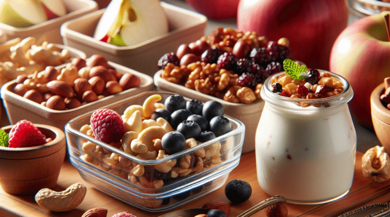 Nærbilde av et fristende snacksbord med nøtter, tørkede bær, friske epleskiver, yoghurt i glass og små porsjonsbokser, lyst naturlig lys, moderne estetikk