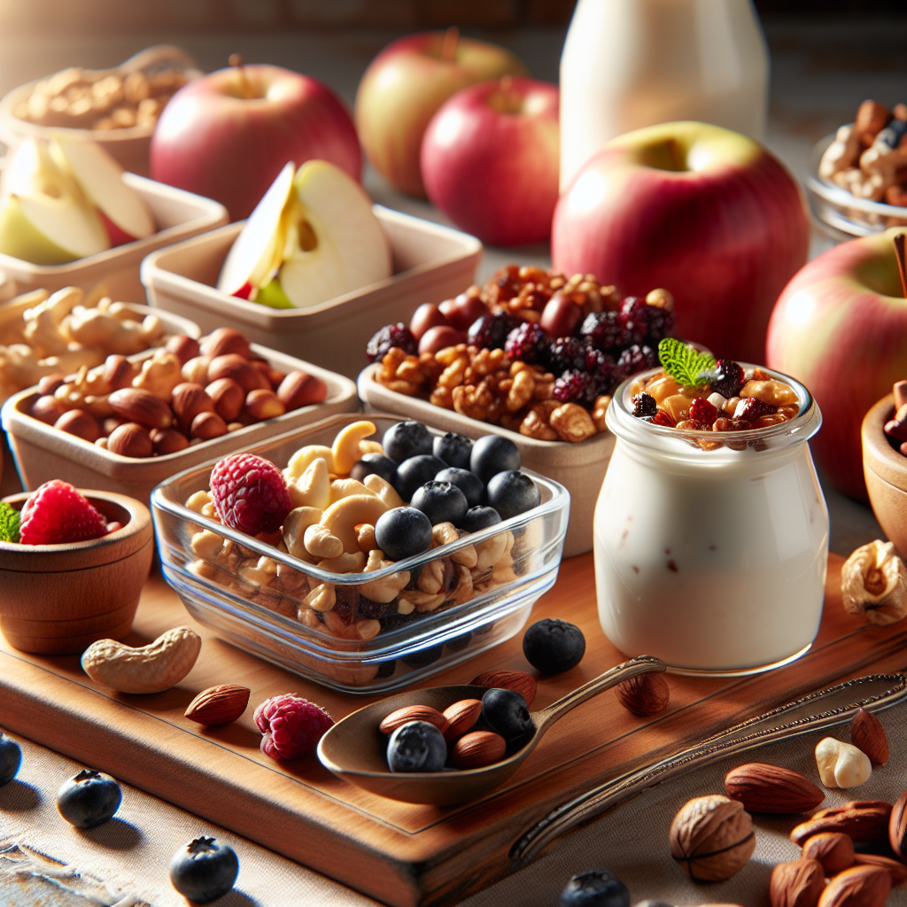 Nærbilde av et fristende snacksbord med nøtter, tørkede bær, friske epleskiver, yoghurt i glass og små porsjonsbokser, lyst naturlig lys, moderne estetikk