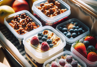 Oversiktlig bilde av ulike sunne desserter i gjennomsiktige oppbevaringsbokser i en kjølebag, naturlig lys, friske bær og nøttetopping ved siden av