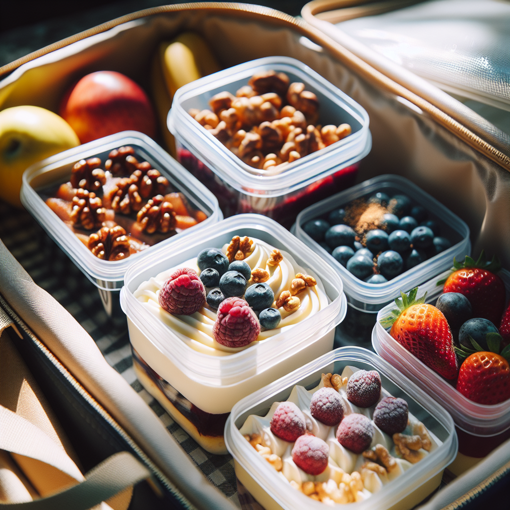 Oversiktlig bilde av ulike sunne desserter i gjennomsiktige oppbevaringsbokser i en kjølebag, naturlig lys, friske bær og nøttetopping ved siden av