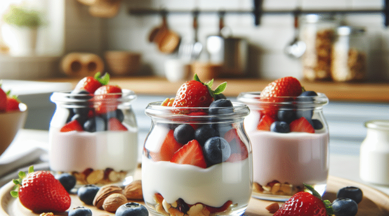 Nærbilde av friske bær, yoghurt i små glass og hakkede nøtter på et trebrett, lyst kjøkken i bakgrunnen, hjemmekoselig og moderne stil