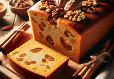 Nærbilde av en saftig formkake med grønnsakspuré, skåret i skiver på et trebrett, naturlig lys, varm og innbydende styling med nøtter og kanel som pynt