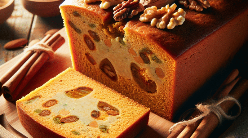 Nærbilde av en saftig formkake med grønnsakspuré, skåret i skiver på et trebrett, naturlig lys, varm og innbydende styling med nøtter og kanel som pynt