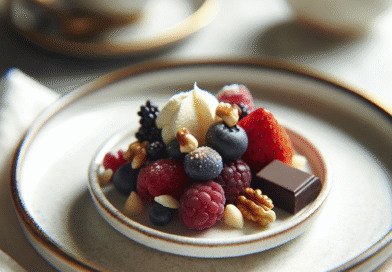 Nærbilde av en liten, elegant desserttallerken med friske bær, nøtter og et lite stykke mørk sjokolade, lys og innbydende, fokus på farger og tekstur