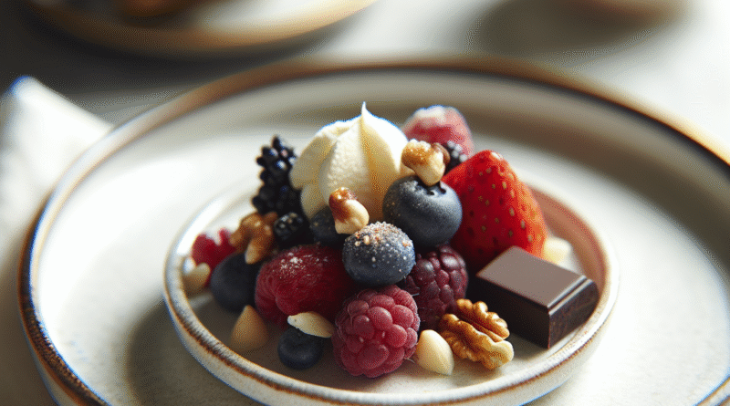 Nærbilde av en liten, elegant desserttallerken med friske bær, nøtter og et lite stykke mørk sjokolade, lys og innbydende, fokus på farger og tekstur